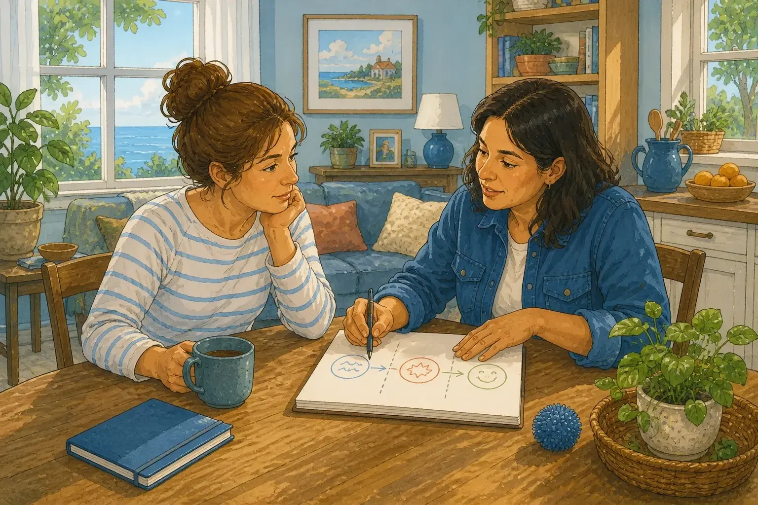 Two parents mapping a family support plan together at a kitchen table