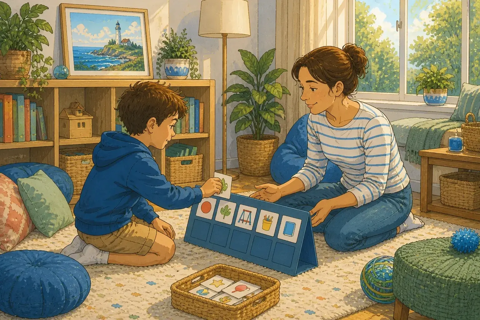 Parent and child using a visual routine board together in a calm home