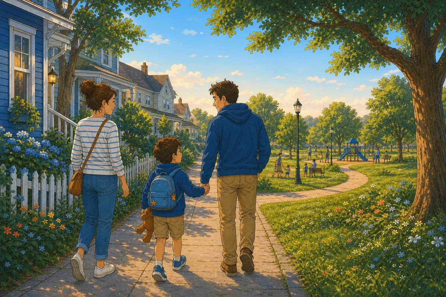 Parent and child walking together toward a neighborhood park