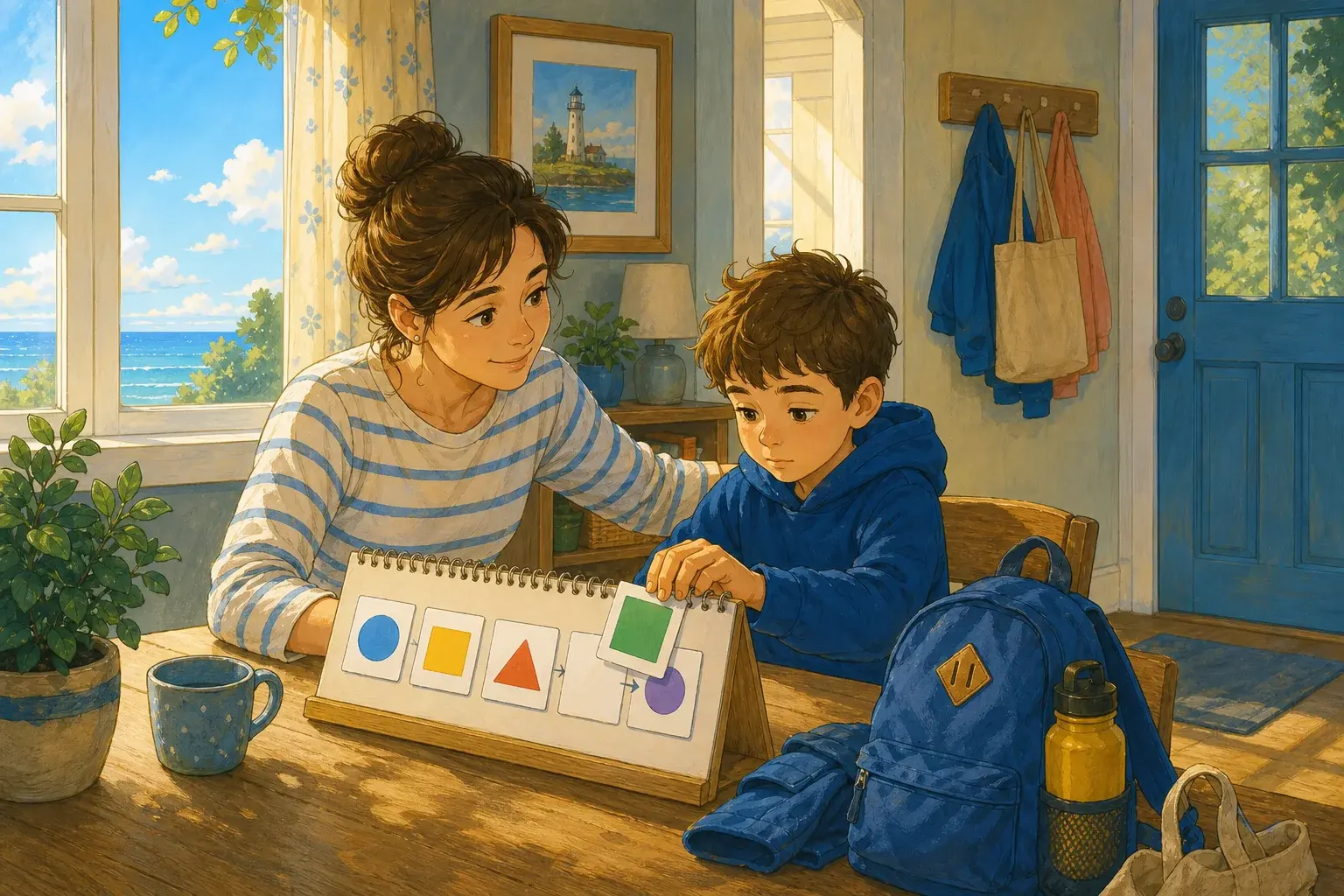 Parent and child using visual routine cards together at home