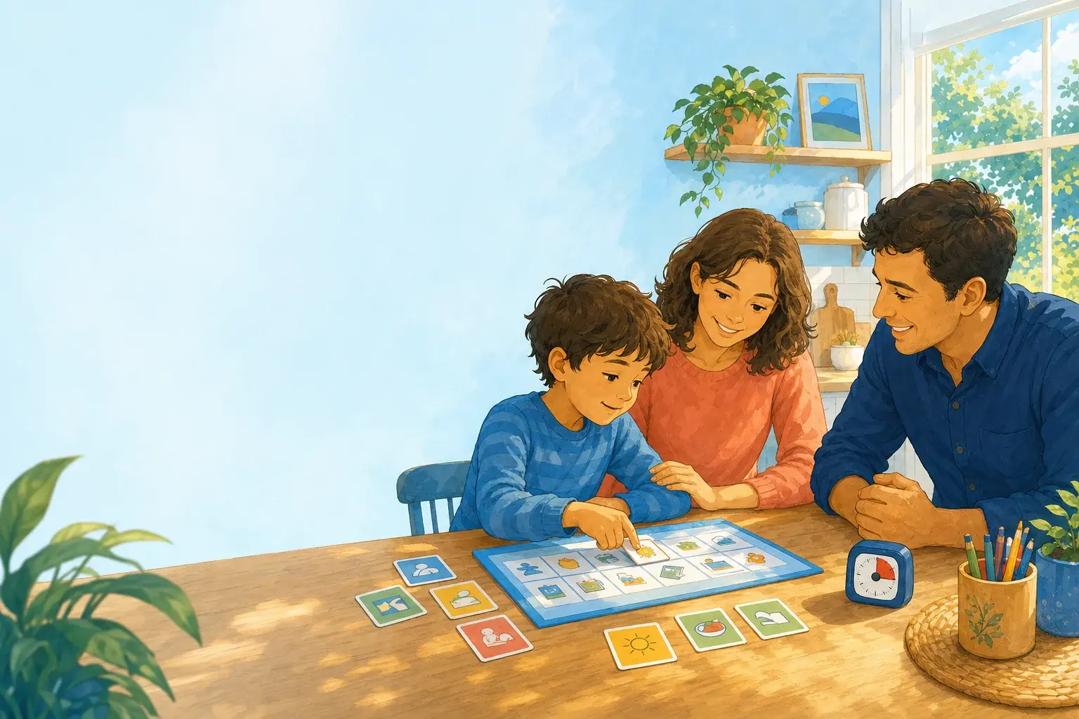 A family using a visual routine together at home